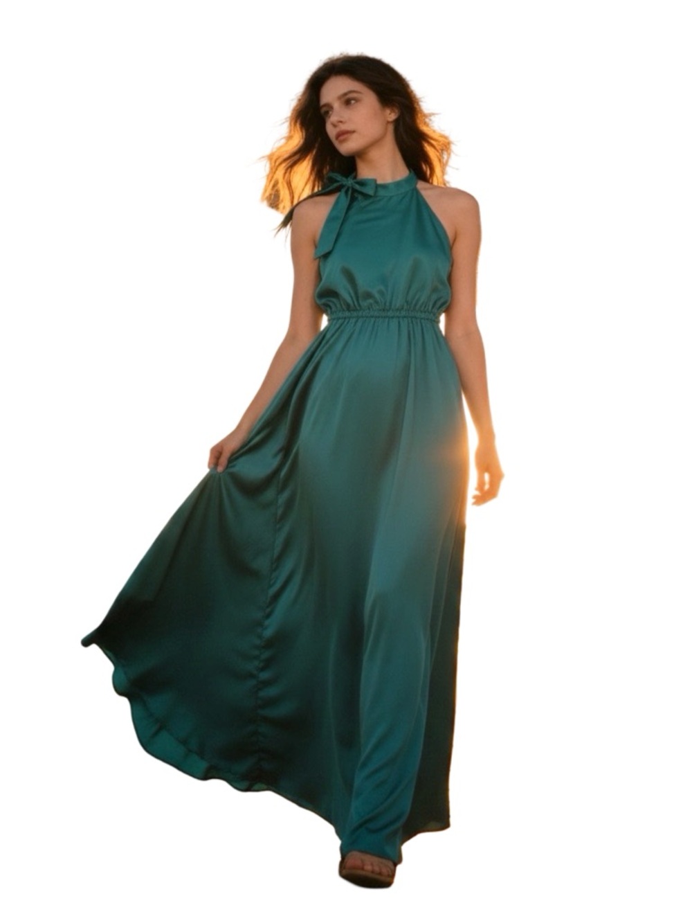Banana Republic Sleeveless Green Halter Maxi Dress with Neck Tie I-0341